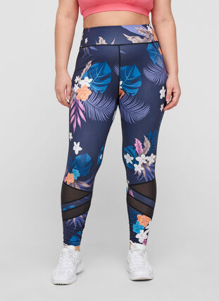 Cropped sports leggings with floral print, Blue Flower, Model image number 0