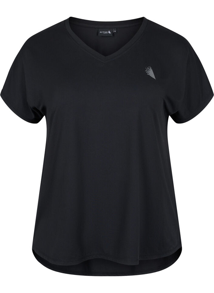 Short sleeve sport t-shirt with v-neck, Black, Packshot