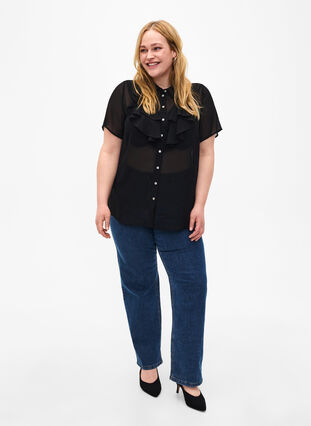 Short sleeve shirt blouse with ruffles, Black, Model image number 2