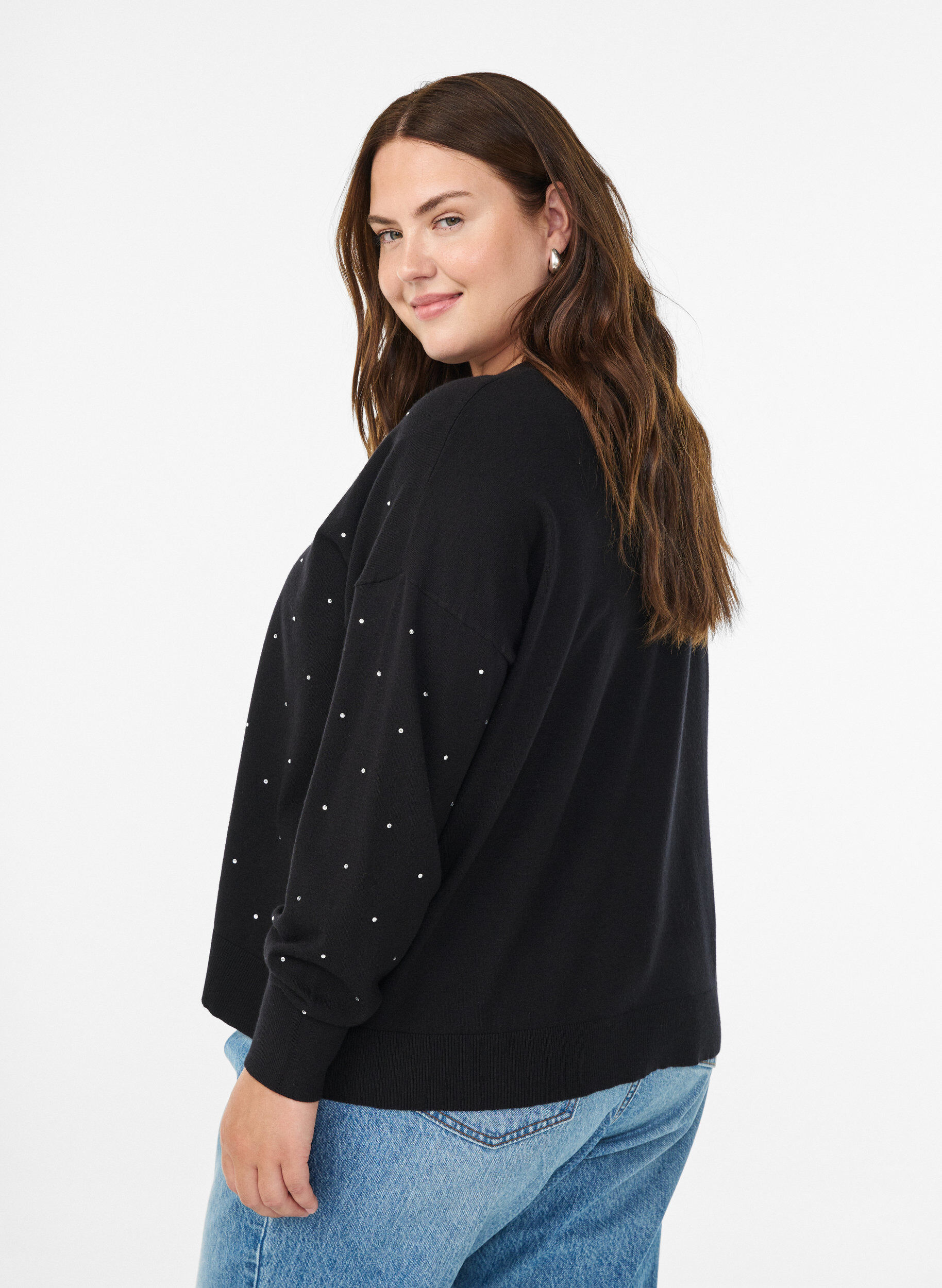 Zizzifashion Loose knit blouse with rhinestones, Black, Model image number 2