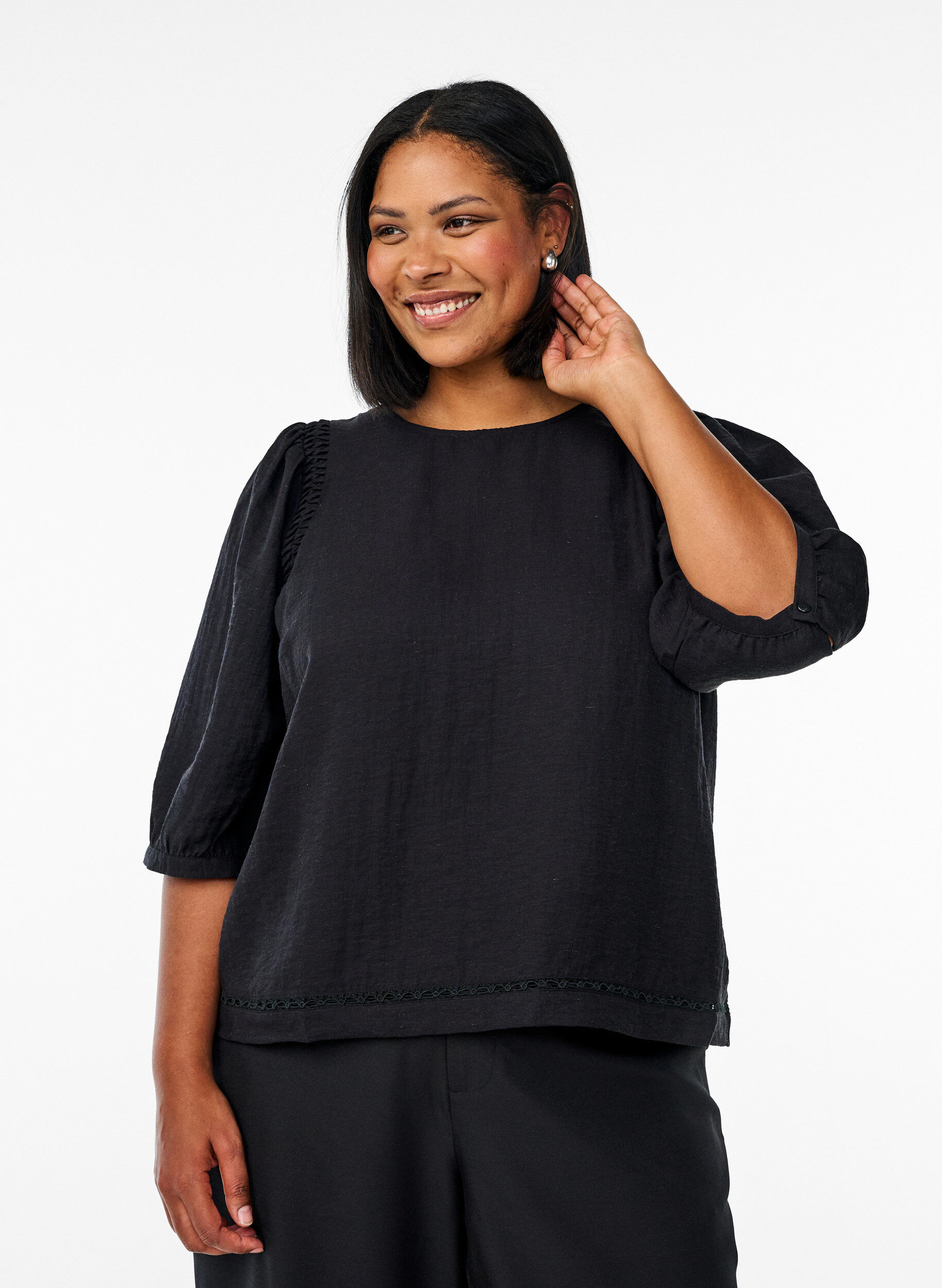 Zizzifashion Viscose blend blouse with linen and gathered shoulders, Black, Model image number 0