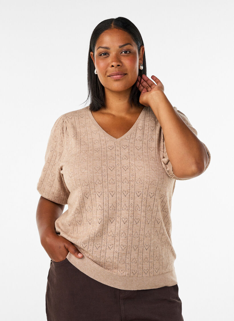 Short-sleeved knit blouse with a pointelle pattern, Beige, Model image number 0
