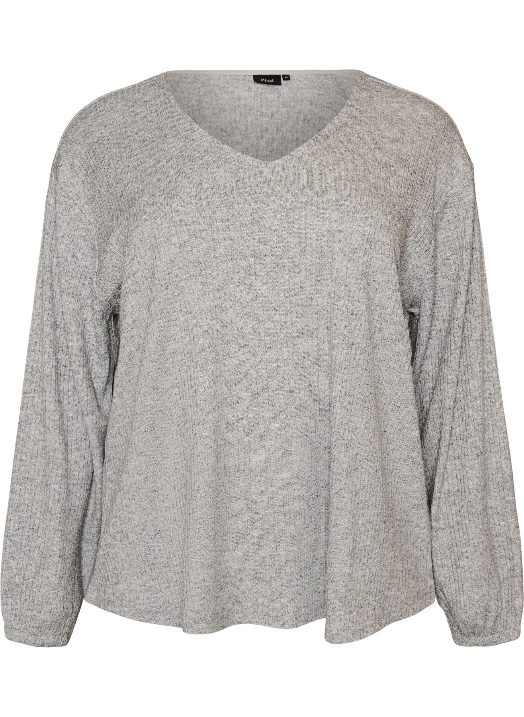 ZizzifashionJersey blouse with ribbed texture and V-neck, Grey, Packshot image number 0