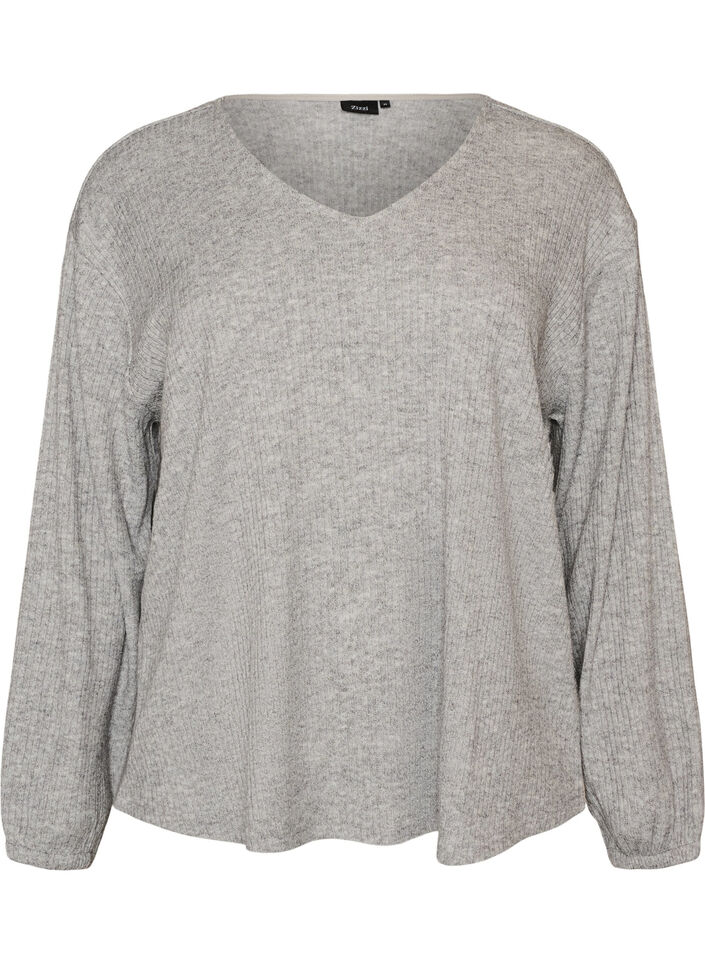 Jersey blouse with ribbed texture and V-neck, Grey, Packshot image number 0