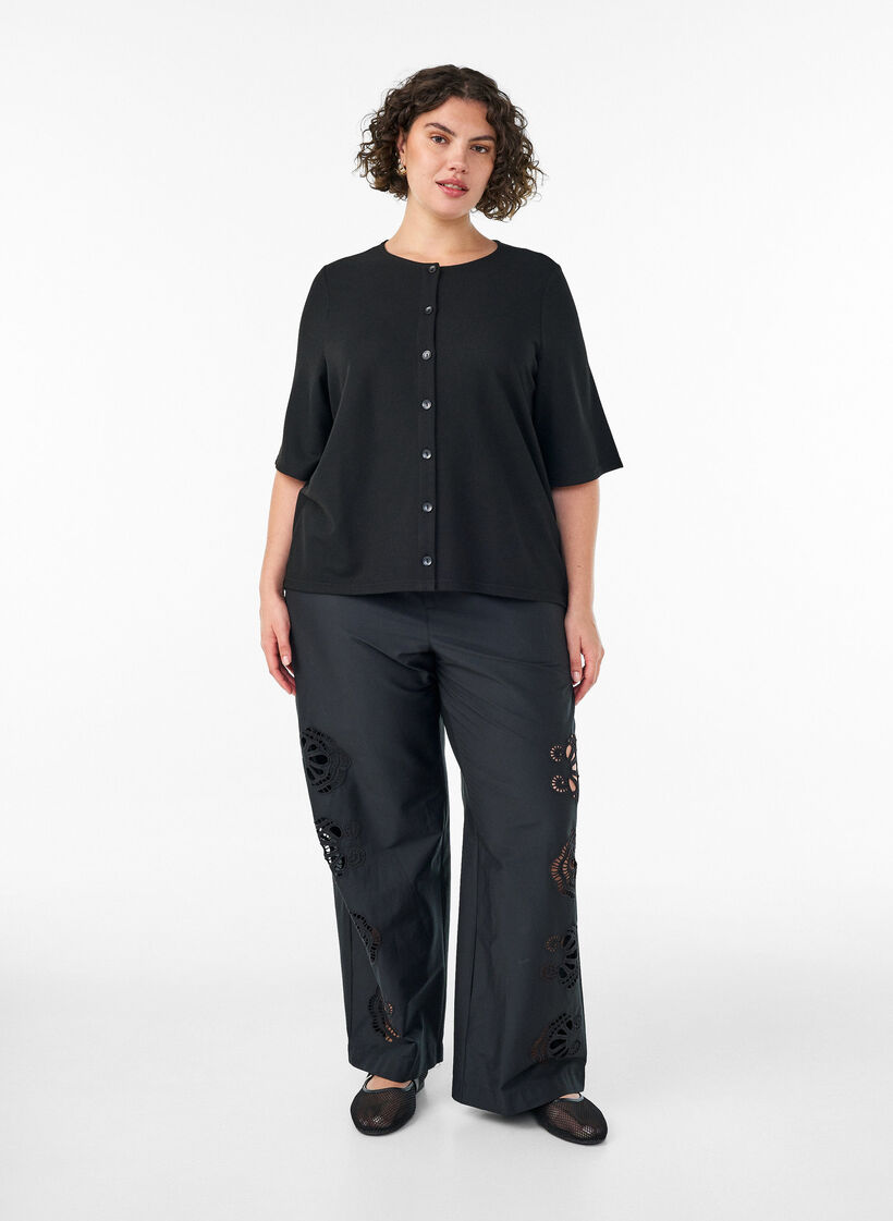 Blouse with a ribbed texture and button closure, Black, Model image number 1