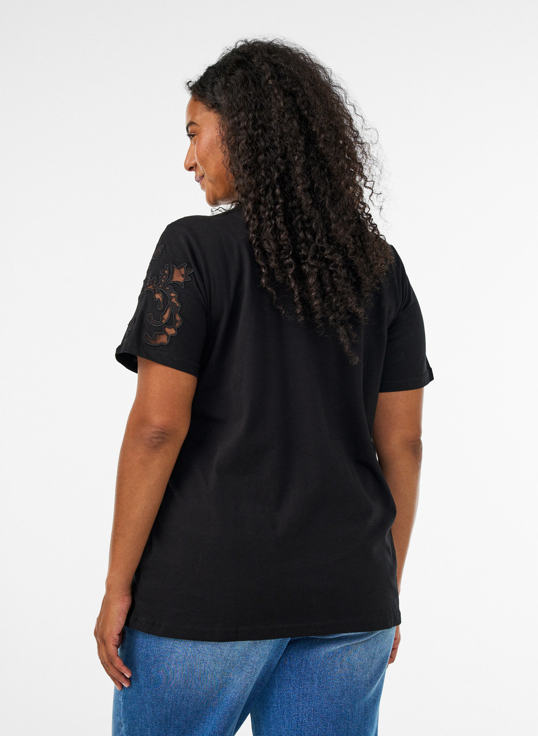 ZizzifashionCotton T-shirt with lace appliqu&eacute;s, Black, Model image number 2