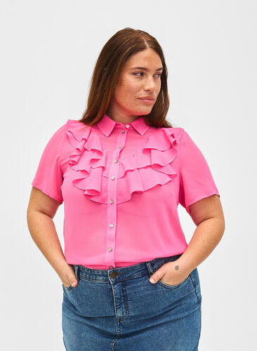 Short sleeve shirt blouse with ruffles, Pink Power, Model image number 0