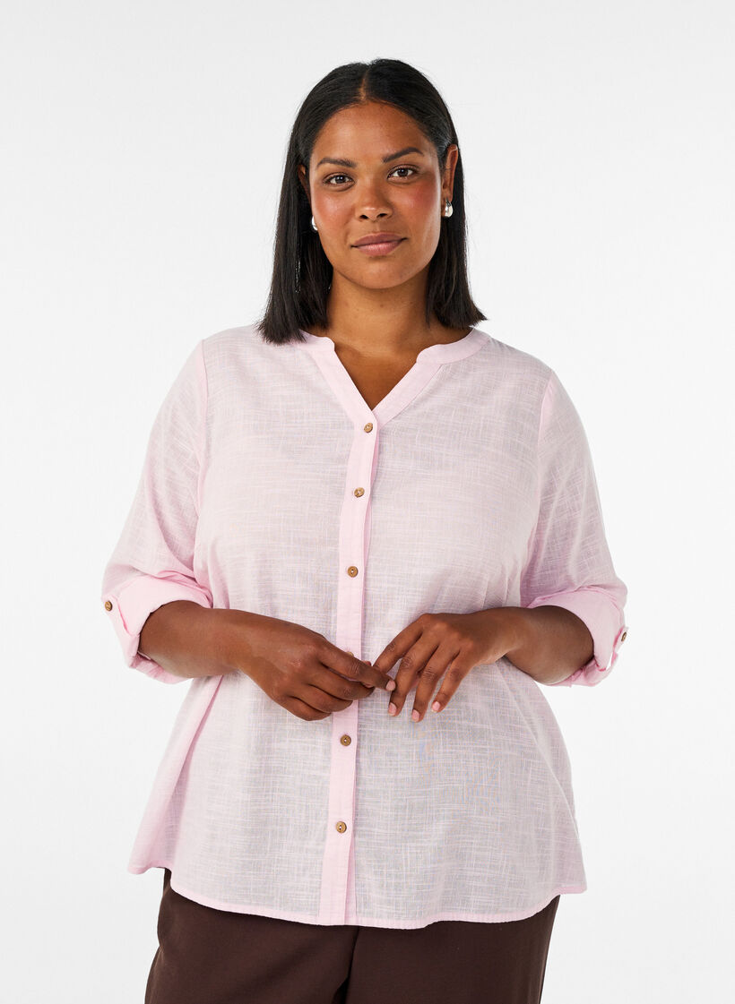 Cotton shirt blouse with a v-neck, Rose, Model image number 0