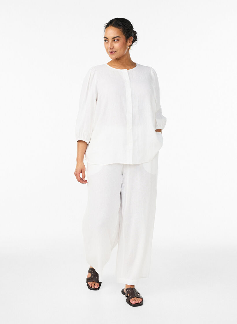 Shirt blouse in linen and viscose with 3/4-sleeves, White, Model image number 1