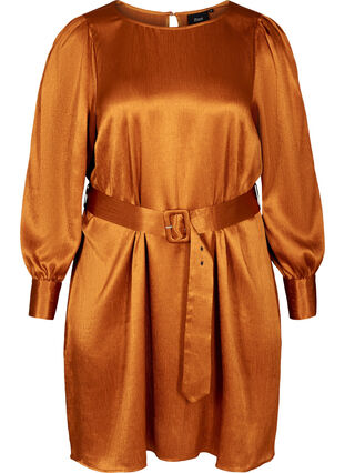 Shiny dress with a belt and puff sleeves, Buckthorn Brown, Packshot image number 0