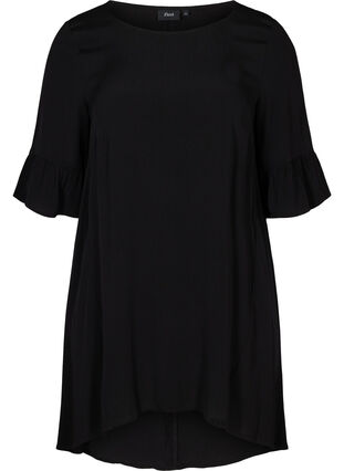 Viscose tunic with ruffled sleeves, Black Solid, Packshot image number 0