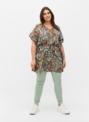 Printed viscose tunic with short sleeves and tie-string, Dusty Jade Green AOP, Model image number 2