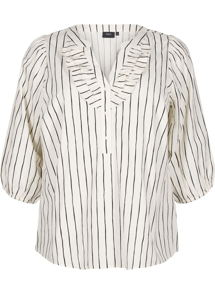 3/4 sleeve cotton blouse with stripes, Eggnog Black Stripe, Packshot image number 0