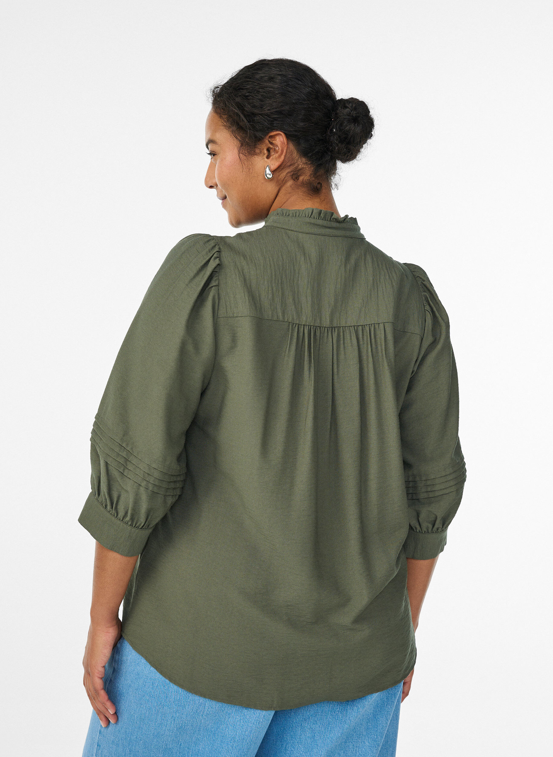 Zizzifashion Blouse with 3/4 sleeves and decorative pleats, Green, Model image number 2