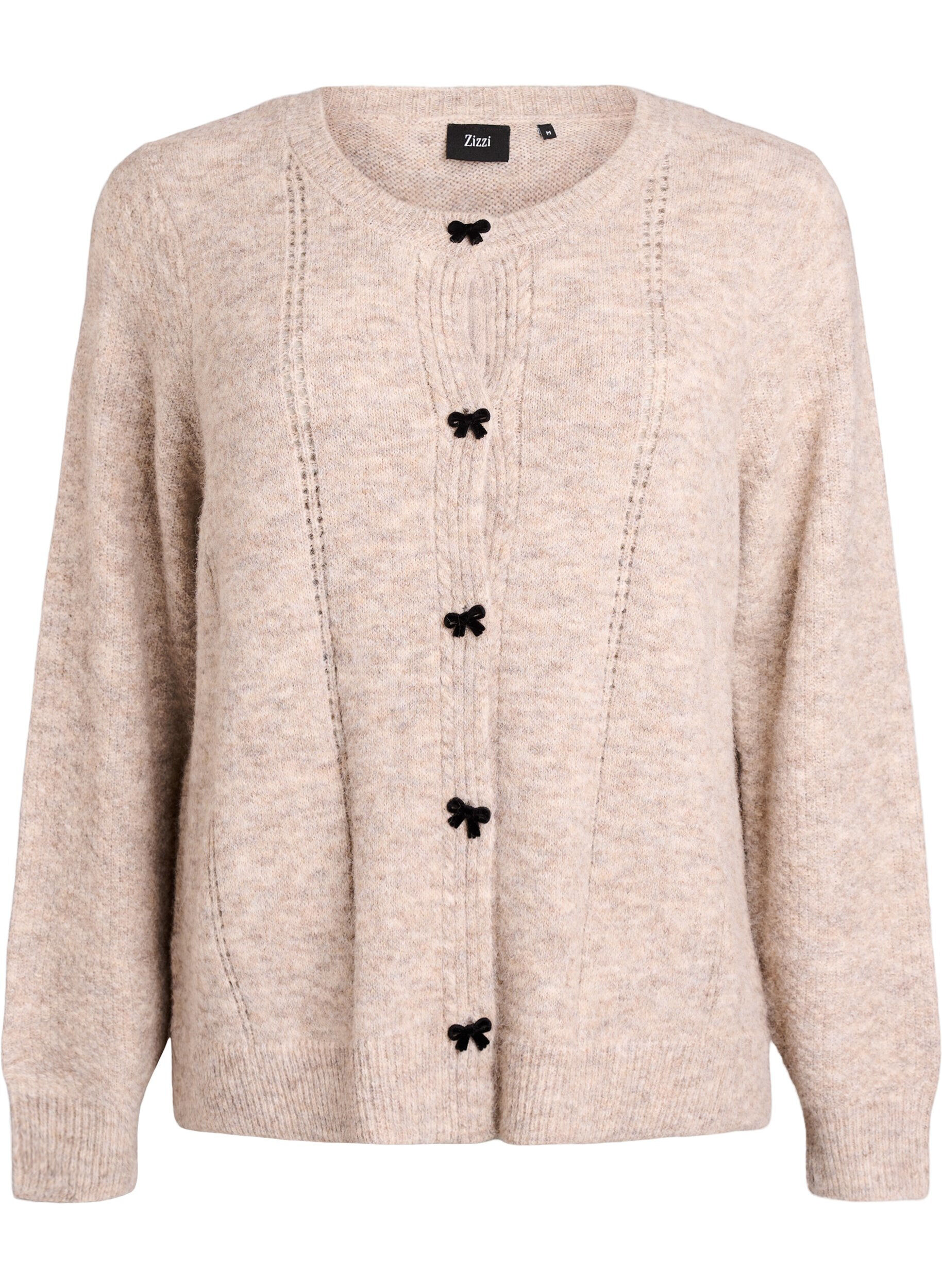 Zizzifashion Cardigan with bow buttons and openwork pattern, Beige, Packshot image number 0