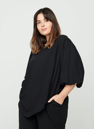 Viscose blouse with balloon sleeves, Black, Model image number 0