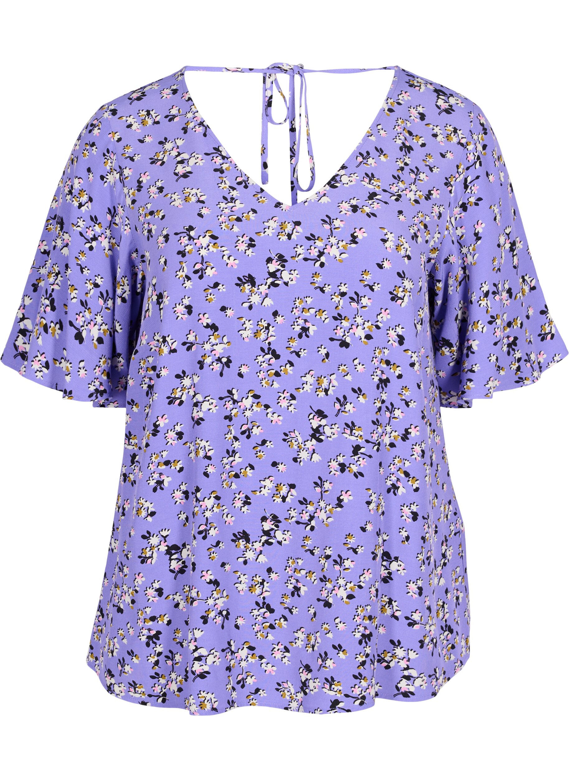 Zizzifashion Floral viscose blouse with snow detail, Lilac Flower Print, Packshot image number 0