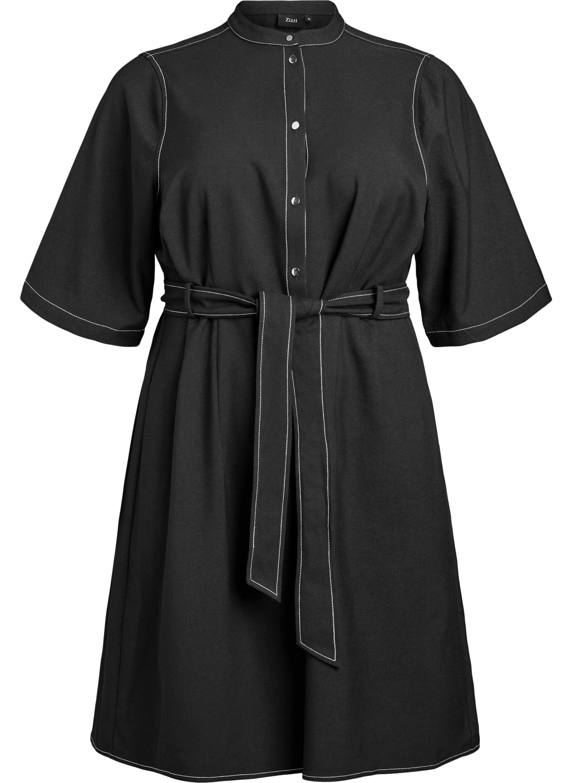 Short shirt dress with contrast stitching and tie belt