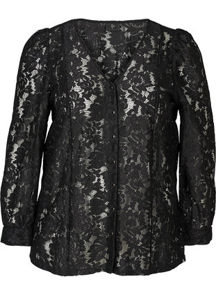 Lace blouse with long puff sleeves, Black, Packshot image number 0