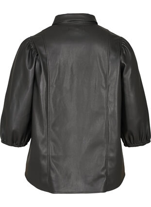 Synthetic leather shirt with 3/4-length puff sleeves, Black, Packshot image number 1