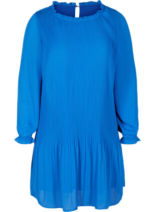 Long-sleeved plissé dress with ruffles, Dazzling Blue, Packshot image number 0