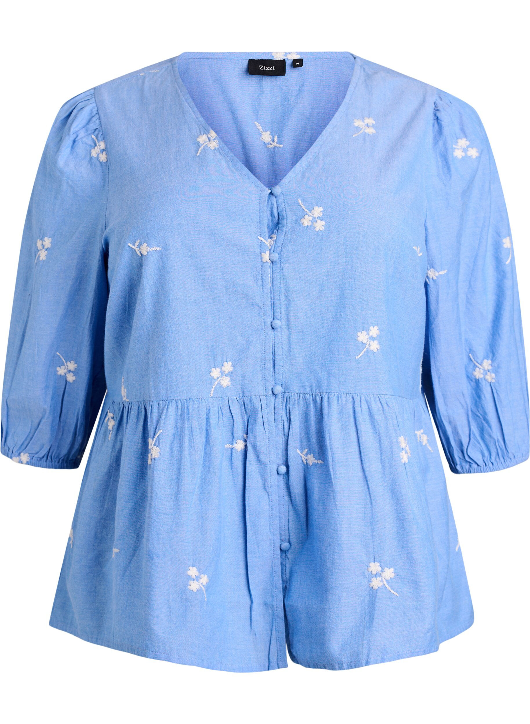 Zizzifashion Cotton blouse with embroidered flowers and button fastening, Light Blue, Packshot image number 0