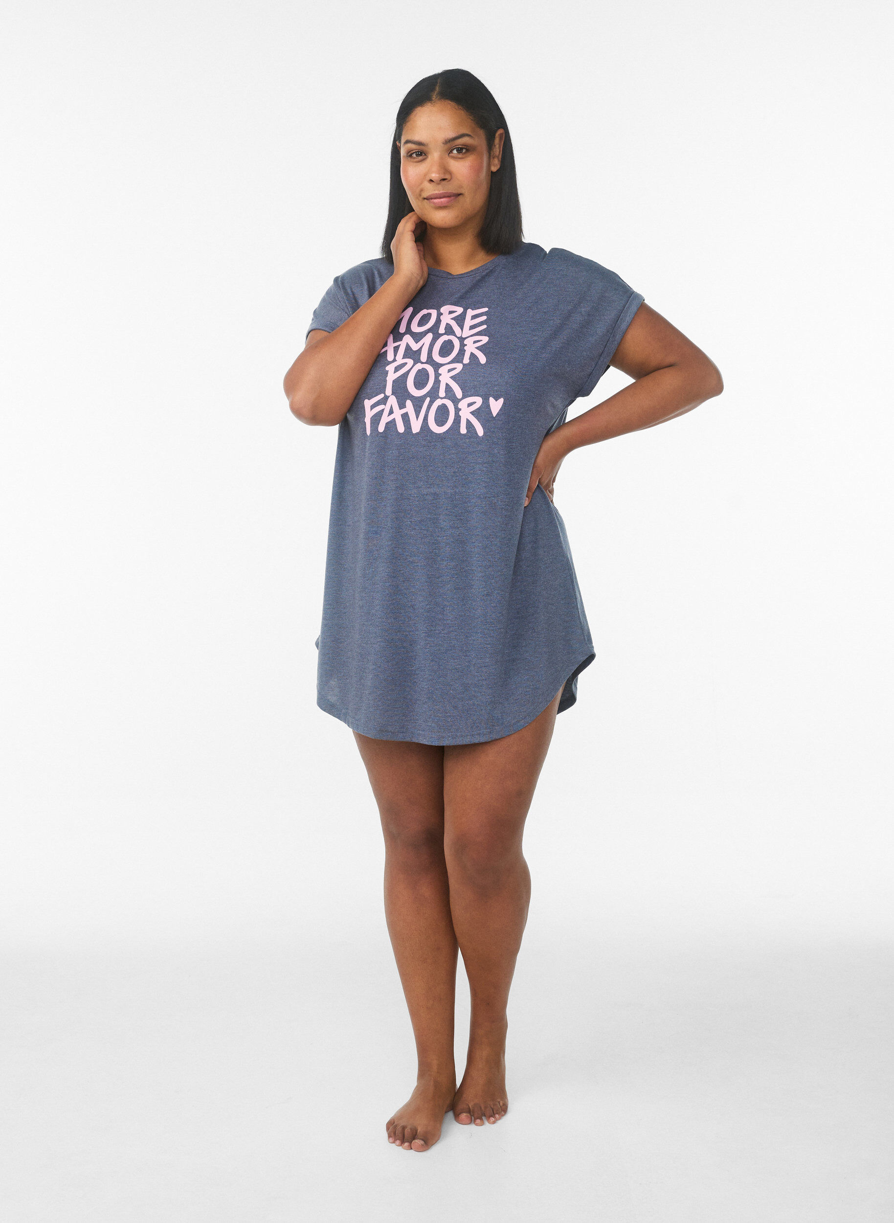 Zizzifashion Short sleeve nightgown with text print, Grey, Model image number 1