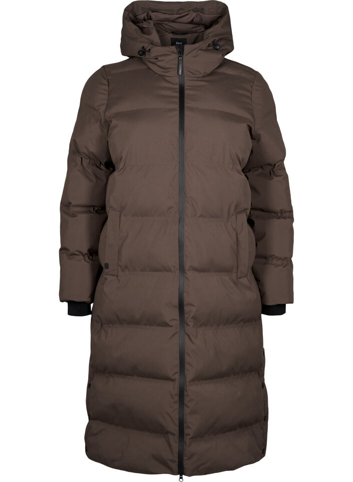 Long puffer winter coat with hood, Brown, Packshot image number 0