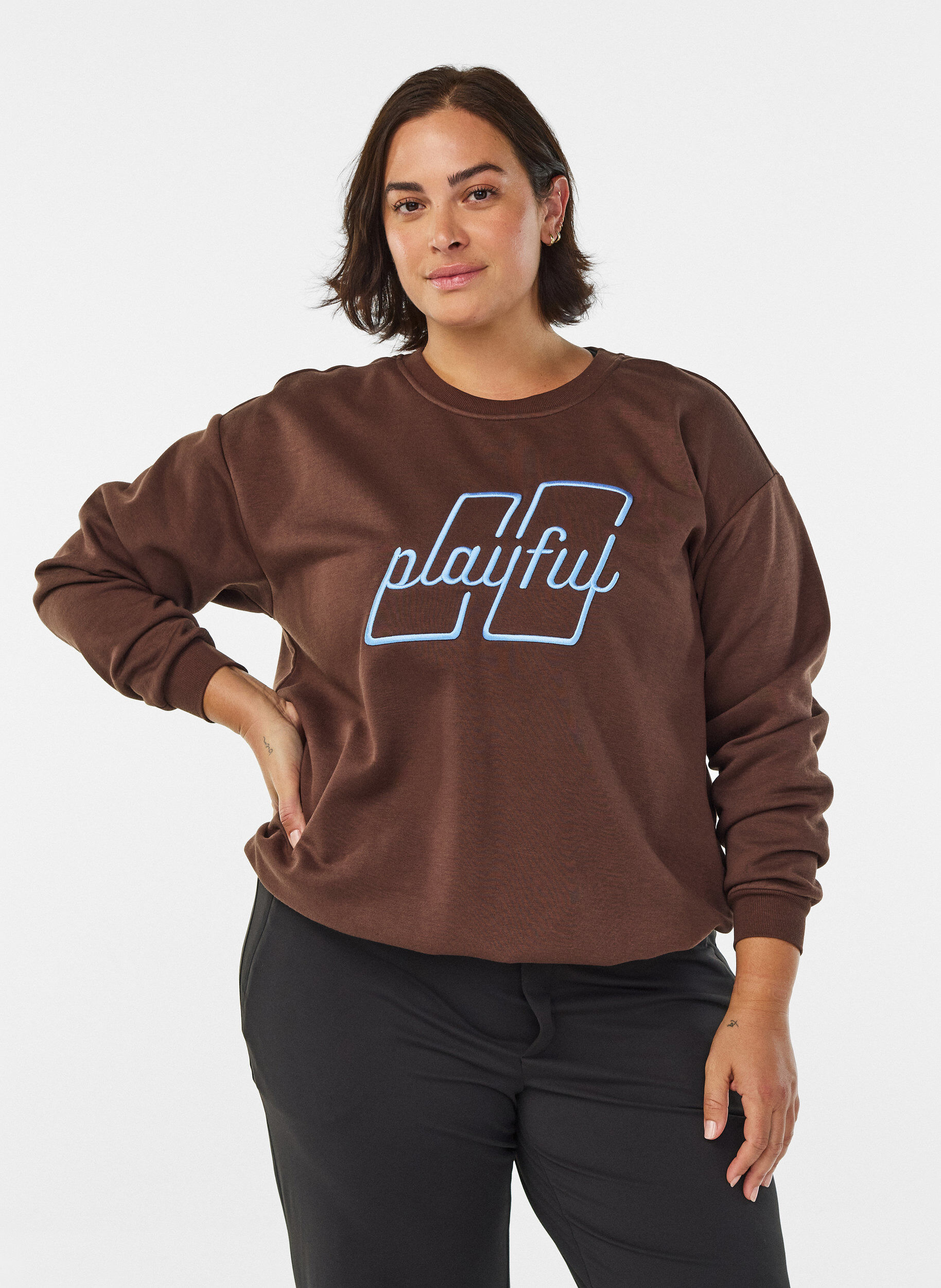 ZizzifashionSweatshirt with embroidered text, Brown, Model image number 0