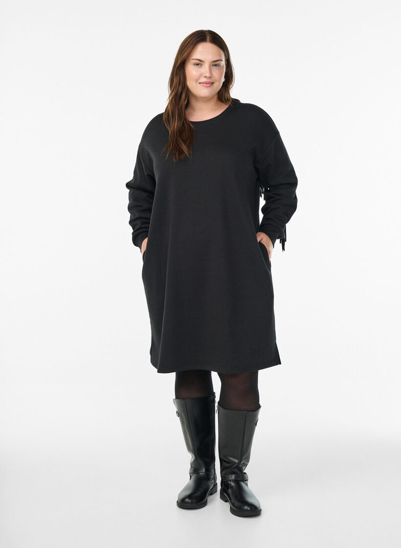 Knee-length sweat dress with fringes, Black, Model image number 1