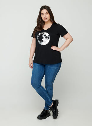 Cotton t-shirt with sequins, Black, Model image number 2