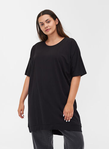 Plain cotton tunic with 2/4 sleeves, Black, Model image number 0