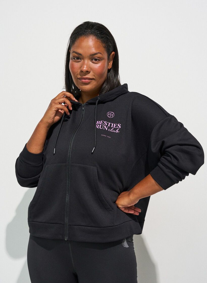 Hoodie with zipper and chest print, Black, Model image number 0