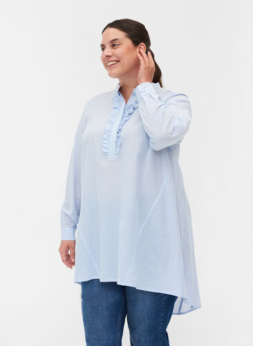 Cotton shirt with stripes and ruffles, Blue Stripe, Model image number 0