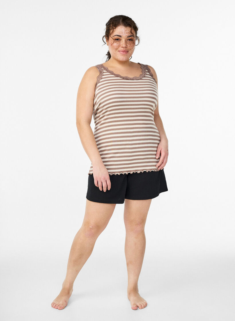 Striped top with a ribbed texture and a lace trim, Beige, Model image number 1
