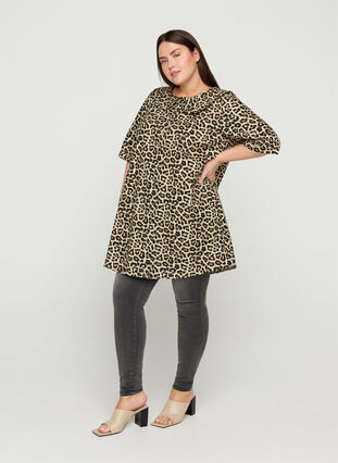 Short-sleeved cotton tunic with leopard print, Oyster Grey AOP, Model image number 3