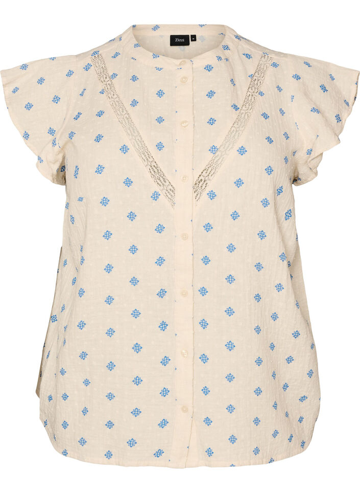 Sleeveless blouse with crochet trim and ruffle detail, Beige, Packshot image number 0