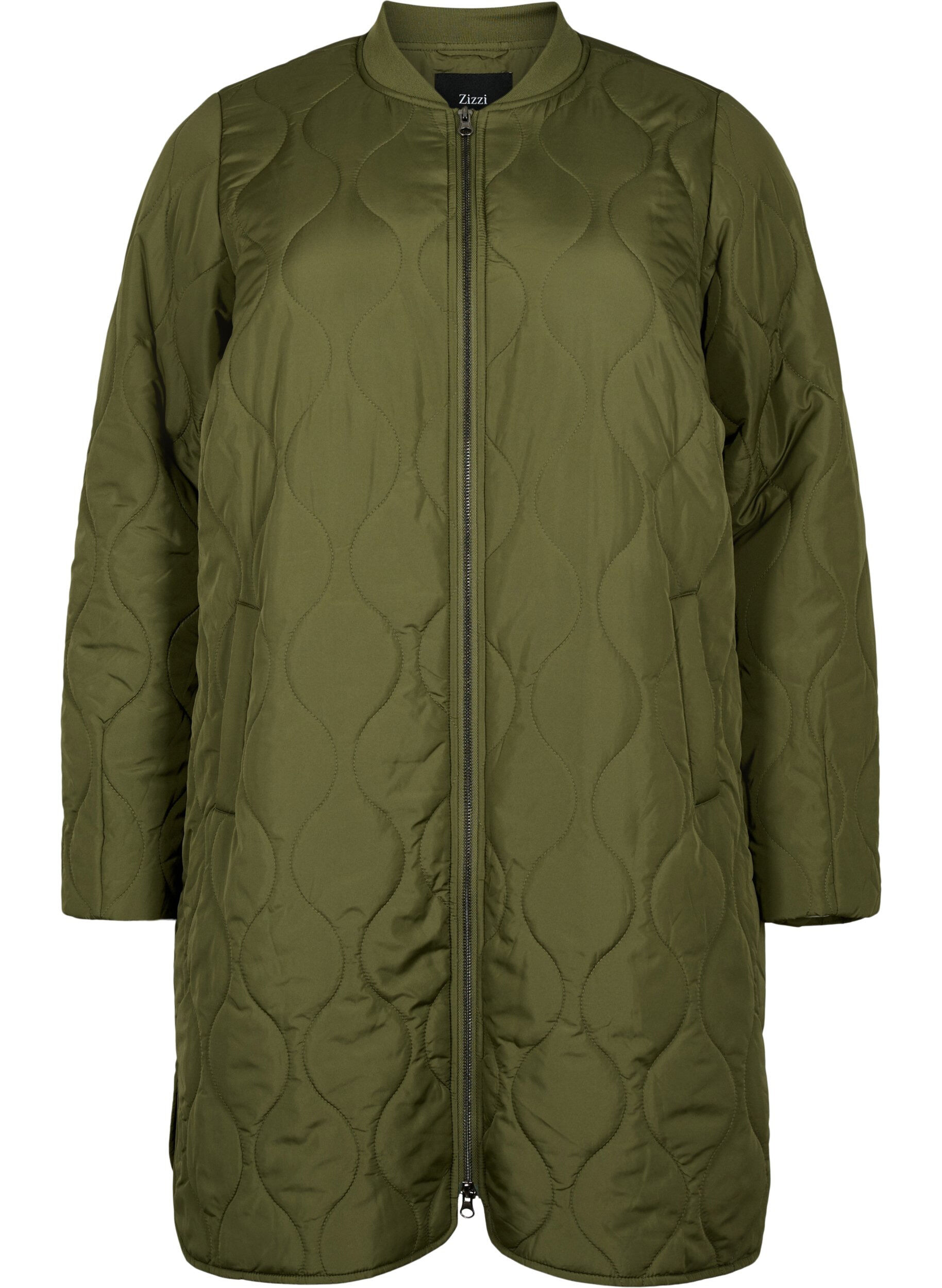 Zizzifashion Long quilted jacket with pockets and zipper, Winter Moss, Packshot image number 0