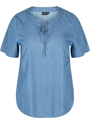 Short-sleeved denim blouse in cotton, Medium Blue Denim, Packshot image number 0