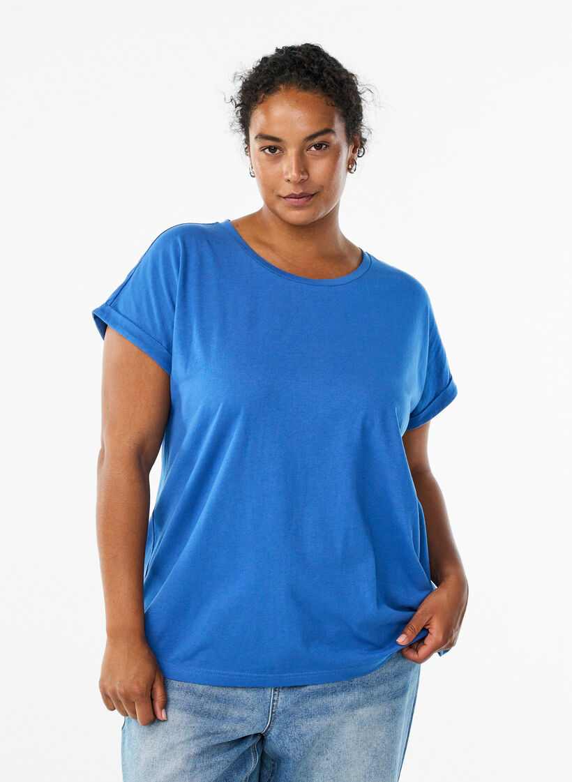 Short sleeve cotton blend T-shirt, Blue, Model image number 0