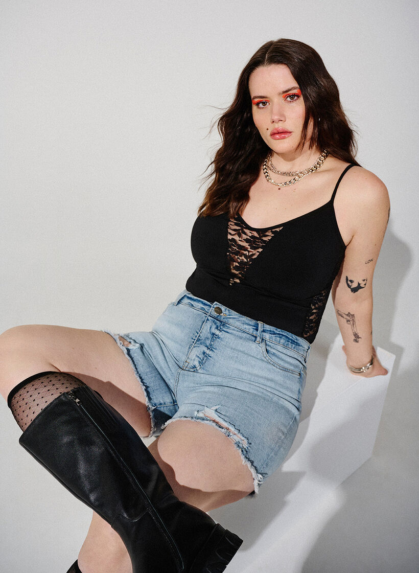 Denim shorts with distressed details, Light Blue Denim, Image image number 0