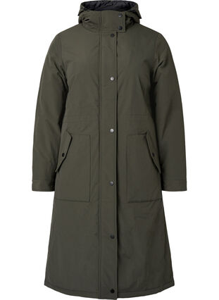 Parka coat with hood and adjustable waist, Black Olive, Packshot image number 0