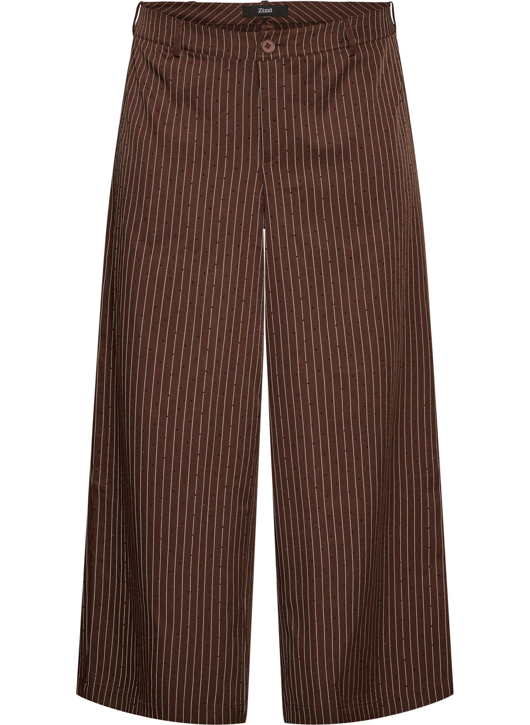 Pinstripe trousers with rhinestones and wide legs