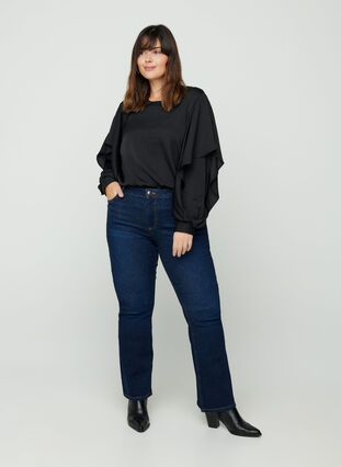 Long-sleeved blouse with a round neck, Black, Model image number 2