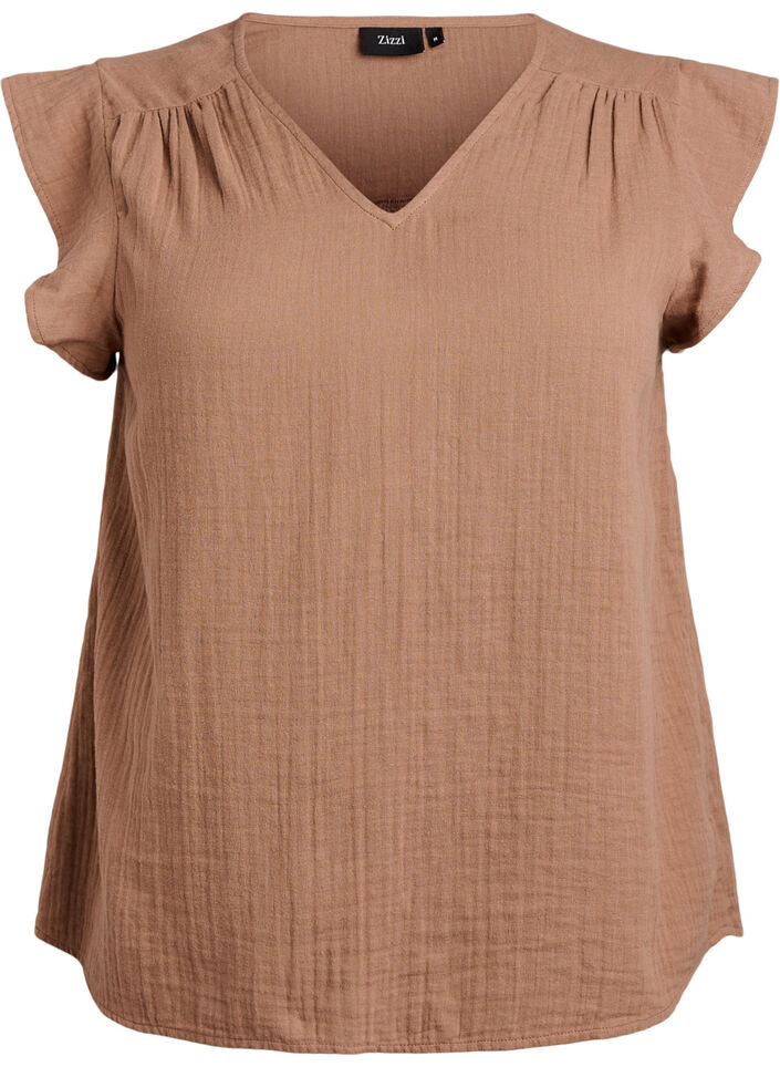Sleeveless top in cotton muslin with ruffles, Brown, Packshot image number 0