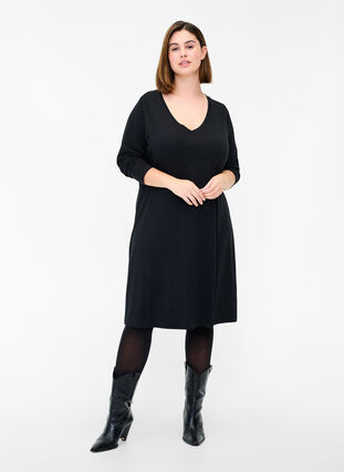 Solid colour long-sleeved dress with V-neck, Black, Model image number 2