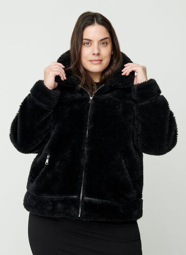 Short faux fur jacket, Black, Model image number 0