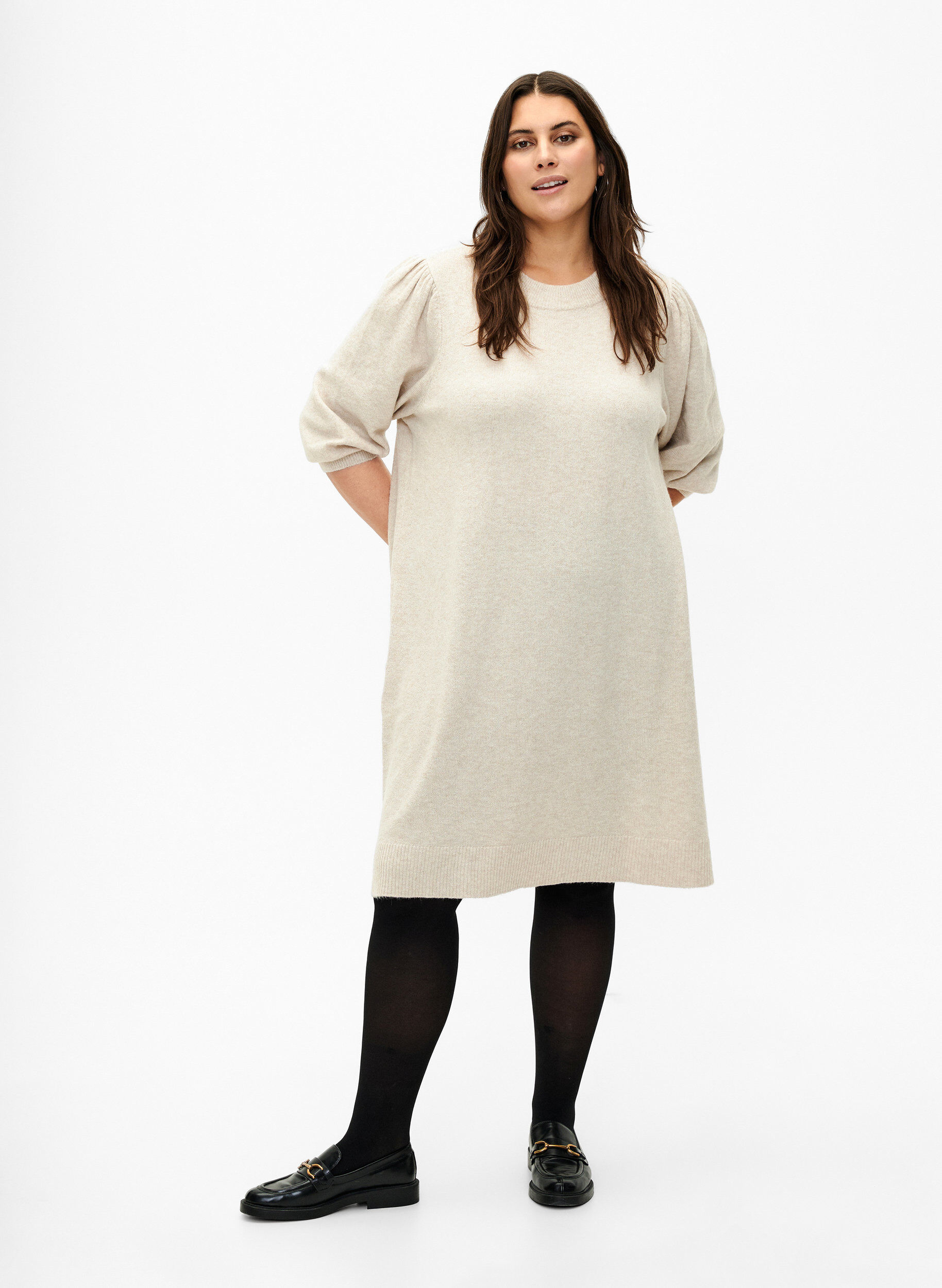 Zizzifashion Knitted dress with 3/4 puff sleeves, Pumice S./White Mel., Model image number 2