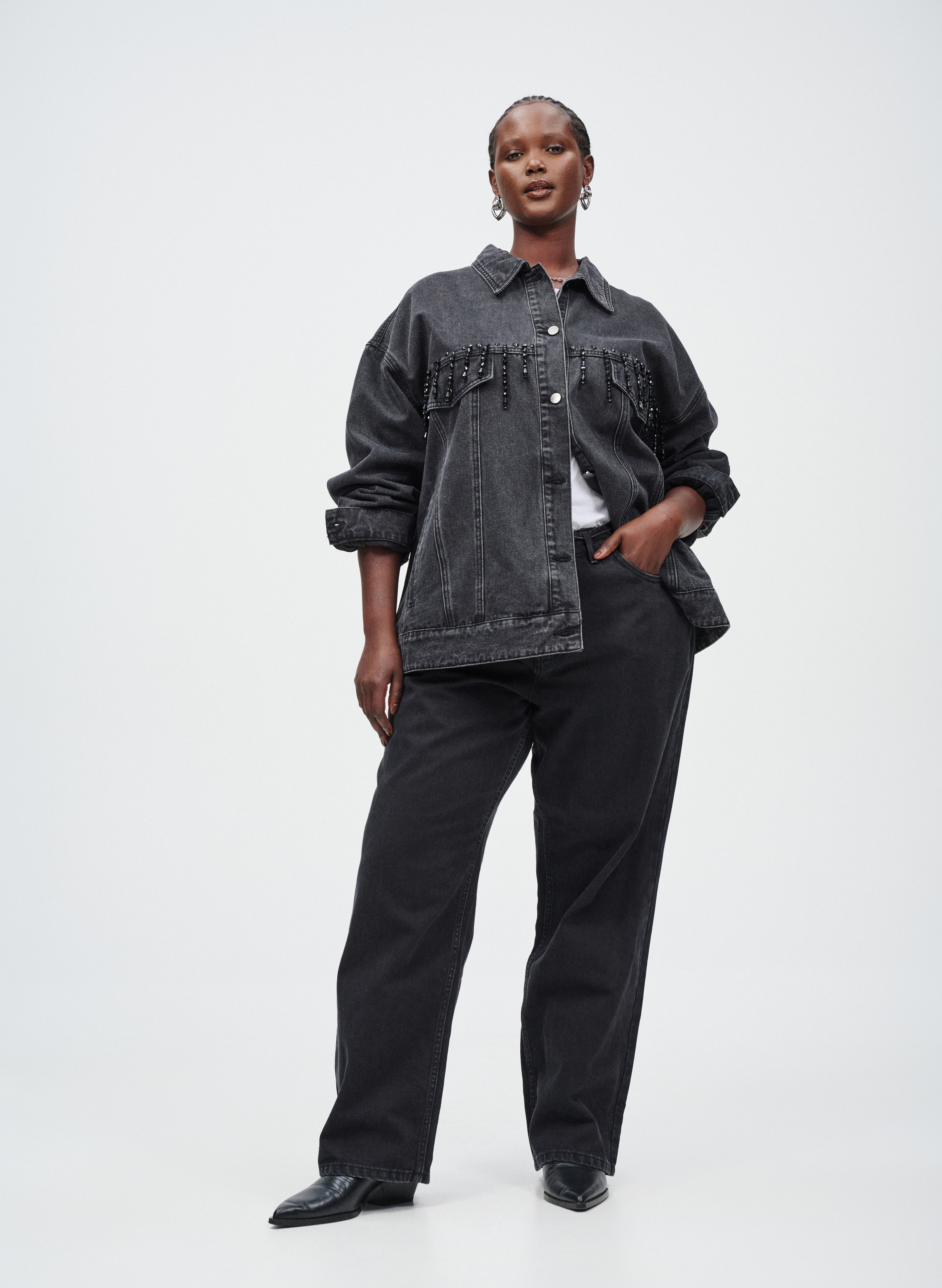Denim jacket with pearl fringe, , Model
