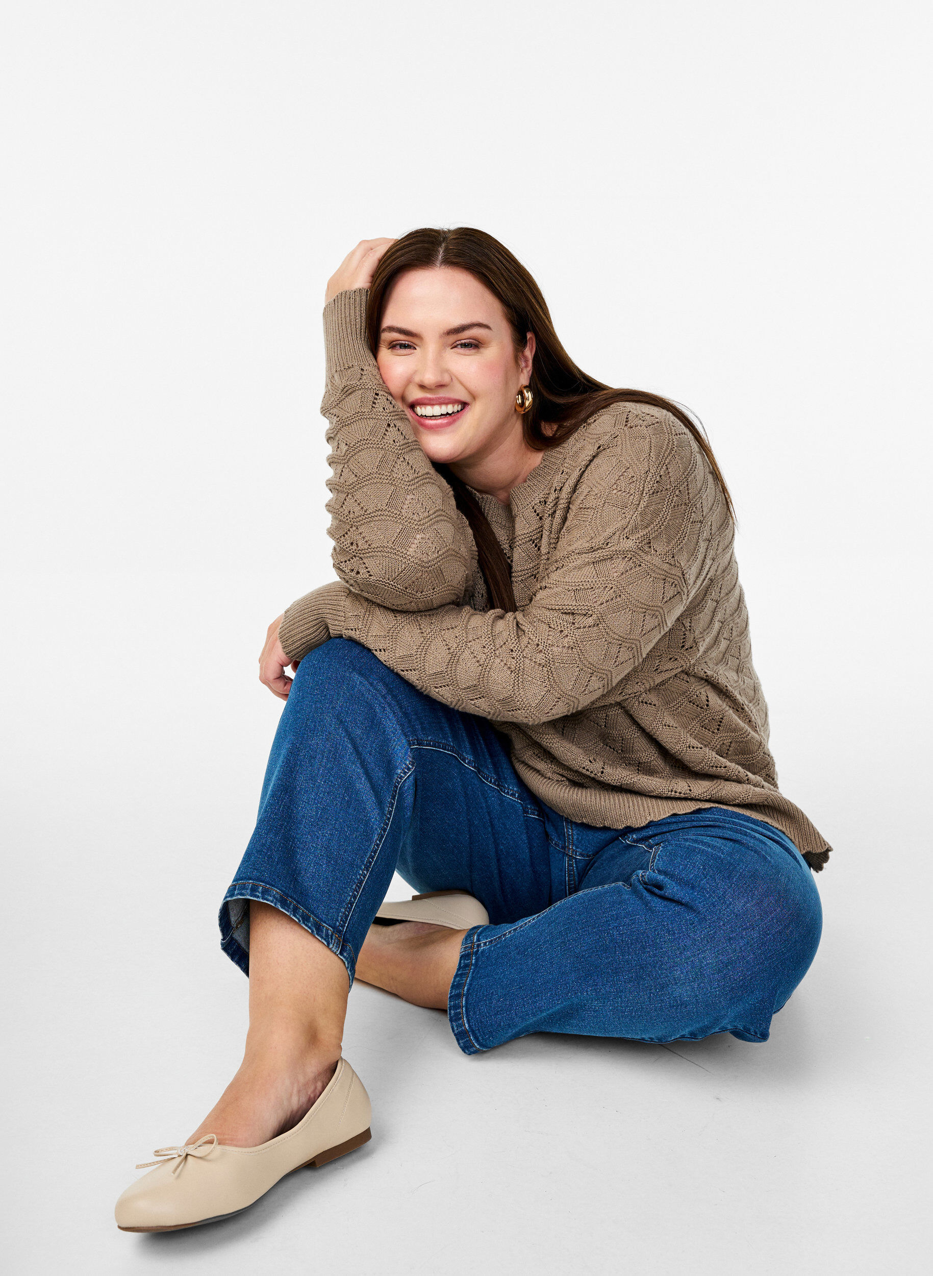 Zizzifashion Long-sleeved knit blouse with an openwork pattern, Desert Taupe, Image image number 0